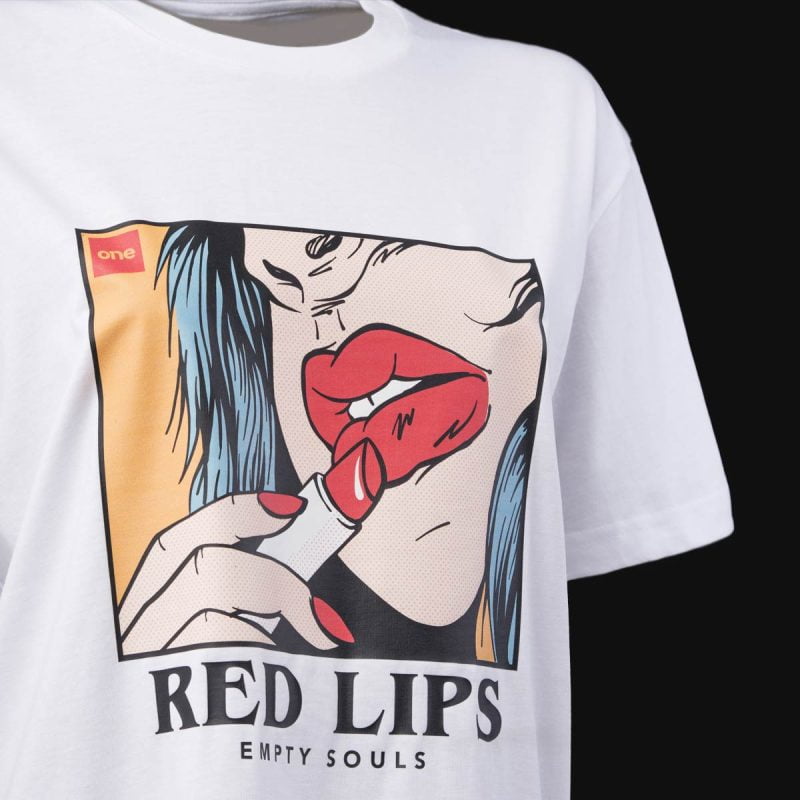 Дамска Широка Тениска Red Lips White - 02