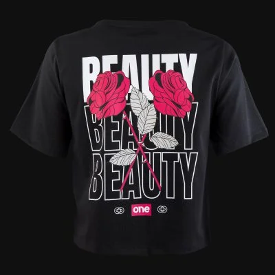 Дамска черна къса кроп тениска - Beauty Rose